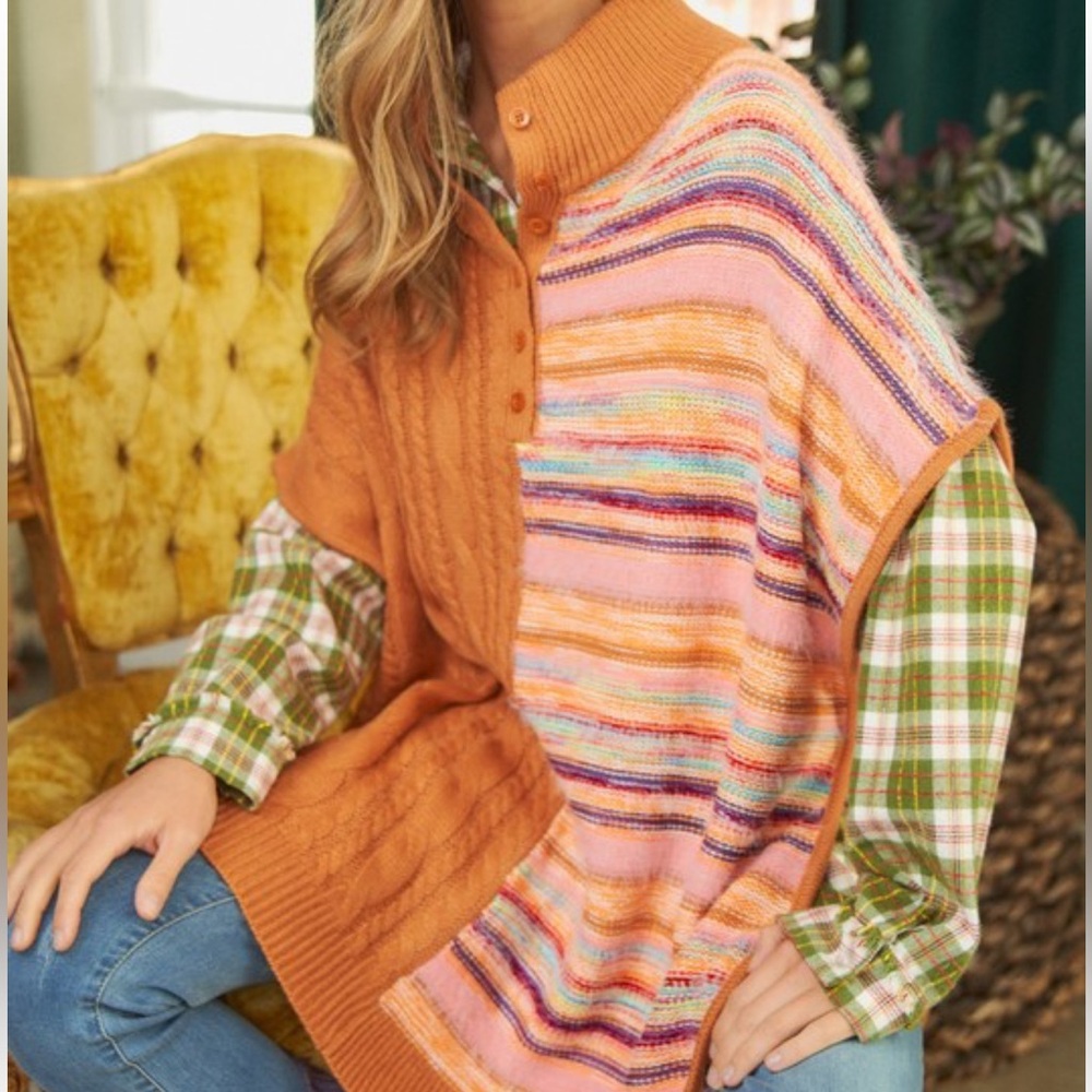 Boutique Mixed Texture Multi Stripe Cable Knit Bohemian Sweater Pull Over Poncho